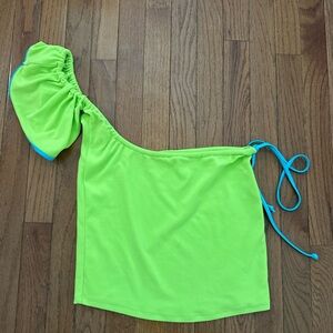 Frankie's Bikinis Neon Lime One-Shoulder Swim Coverup with Blue Ties